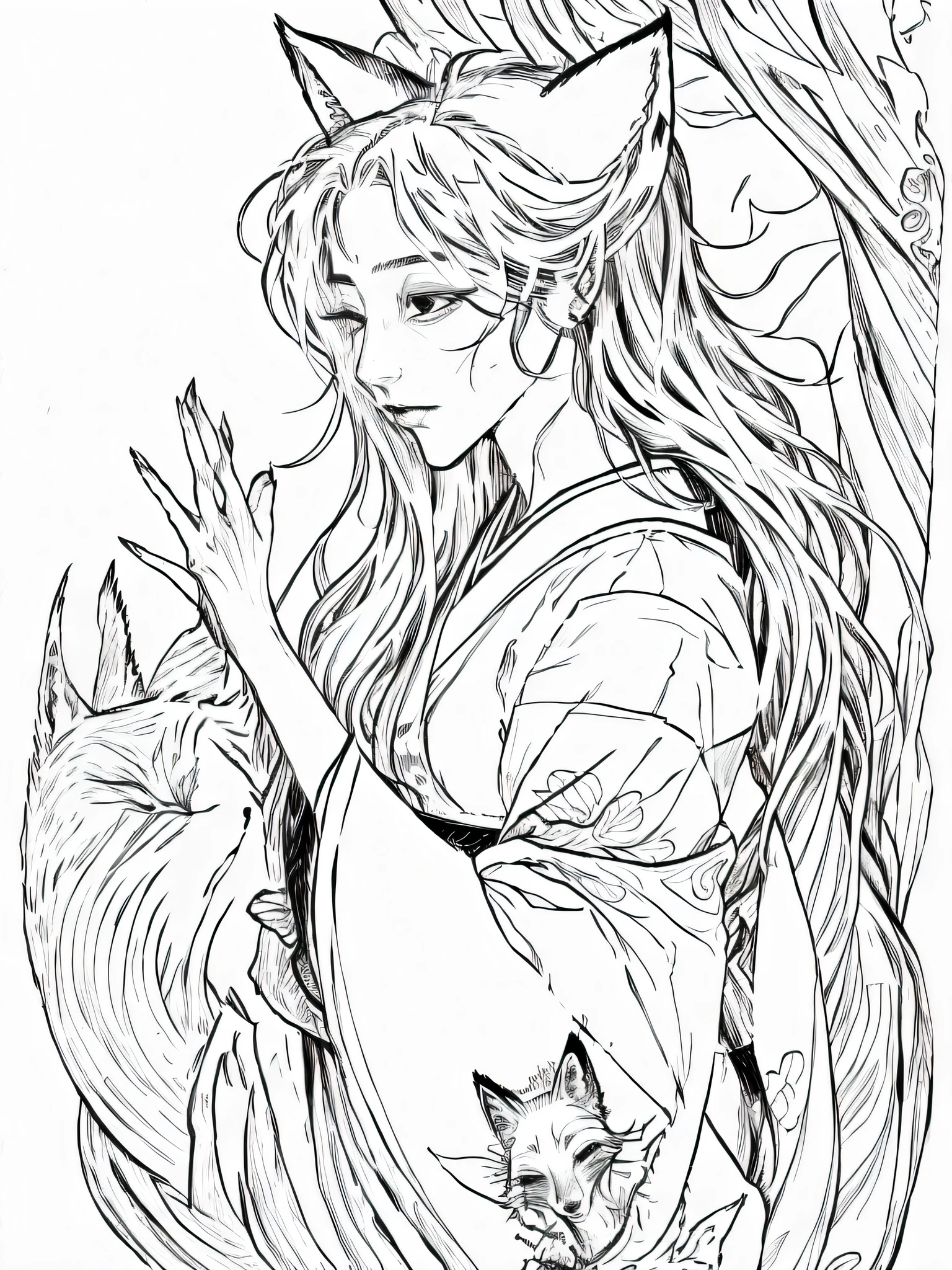 a beautiful japanese fox yokai woman, side profile, visible fox ears, elaborate traditional hairstyle, long flowing white hair, serene and mysterious expression, wearing a highly detailed floral kimono with traditional hair ornaments, holding a fox mask or accompanied by a fox spirit, large fluffy fox tail or nine tails, subtle horror, spiritual tension, japanese yokai folklore, delicate thin line art, black and white ink sketch only, ukiyo-e inspired, highly detailed, white background, solo, upper body or full body, soft facial expression, melancholy look, downcast eyes, spiritual beauty, ethereal presence, graceful posture, hair flowing gently, mystical calmness