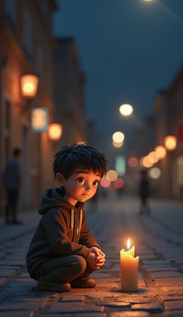 A sad poor hungry boy at the street, pixar style, cinematic, masterpiece, high-aesthetic, realistic