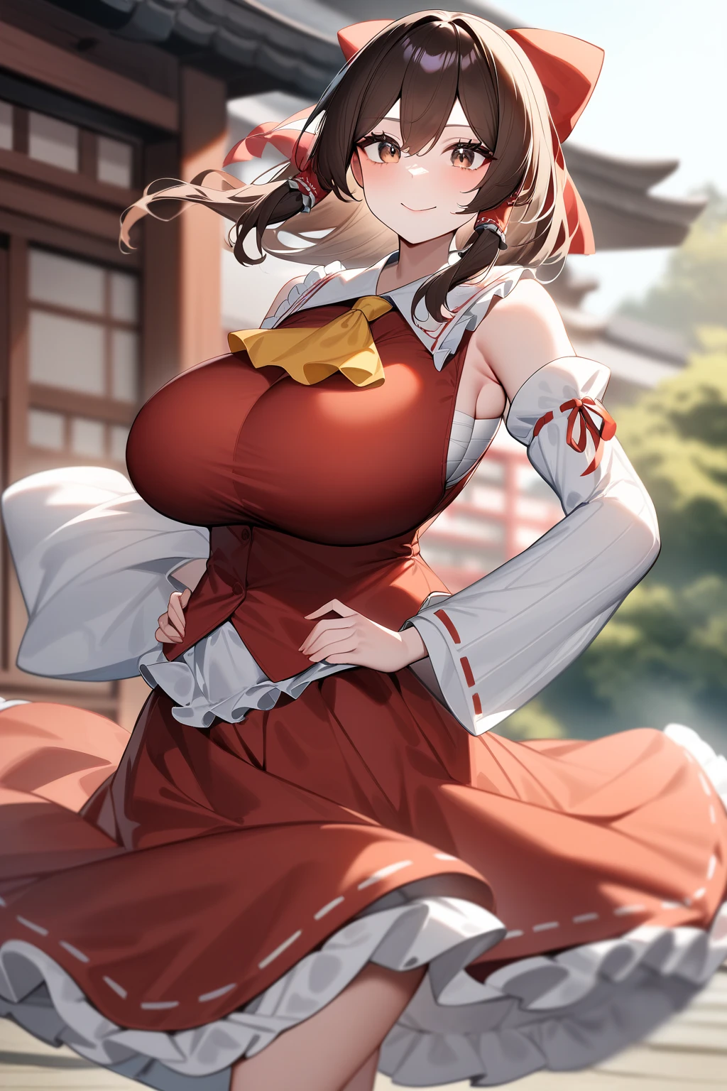 masterpiece, of the highest quality, SFW, showy, 1 girl, Alone, Hakurei Reimu, Brown hair, Brown eyes, by the wide, fur tubes, small breasts, abstract background, Blue background, Pink background, yellow background, polka dot background, (Semitone) tetas1.4 huge 1.5