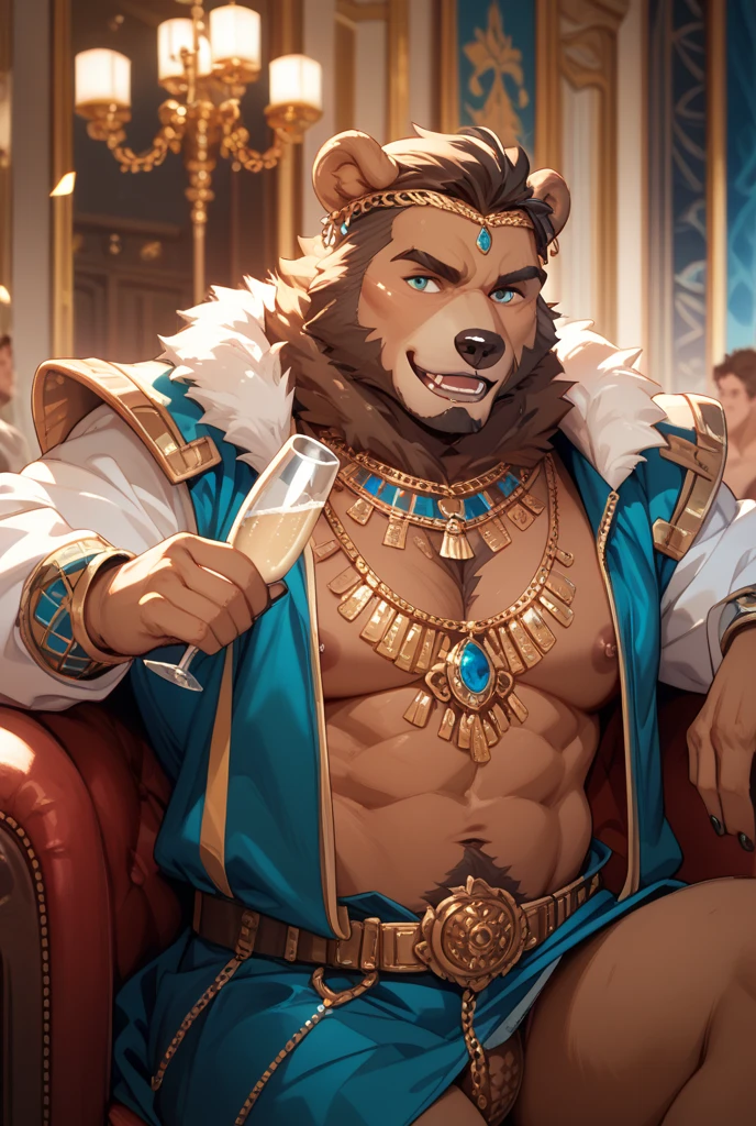 a short thin White furred Polar bear wearing sexy gypsy garments shirtless with a diamond tiara with green eyes