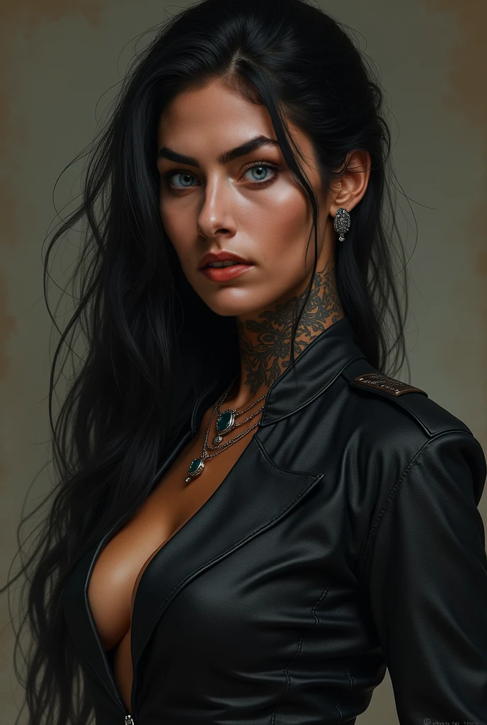 woman with long black hair, blue colored eyes, white skin color, intimidating, powerful, tattooed, with a black formal outfit. 