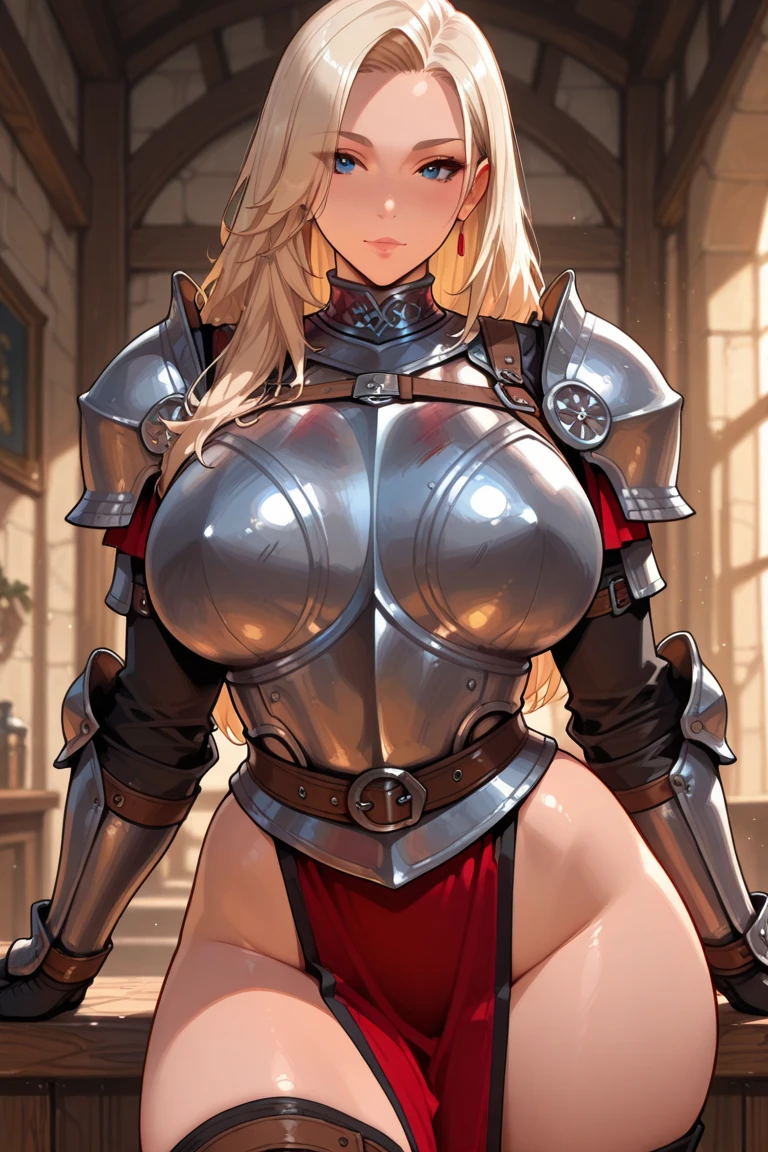 1 woman, medieval, queen, Caucasian, light skin, blue eyes, plump lips, absolutely beautiful face, large breasts, cleavage, wide hips, elegant armour chestplate, heavy cleavage, straight blonde hair, detailed skin, skin detail, (best quality,4k,8k,highres,masterpiece:1.2),ultra-detailed,dramatic lighting,