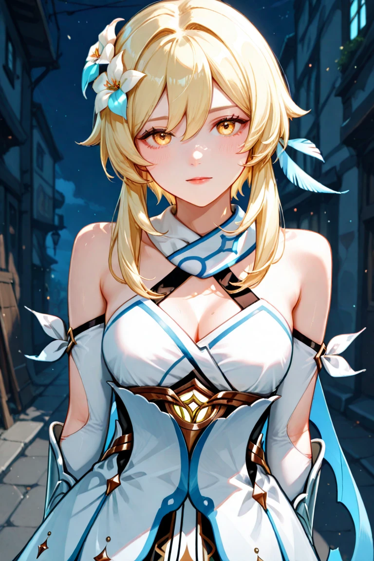 masterpiece, best quality, very aesthetic, absurdres, newest, cowboy_shot,
lumine_(genshin_impact),genshin_impact, 1girl, black_gloves, blonde_hair, breasts, cleavage, detached_sleeves, dress, flower, gloves, hair_flower, hair_ornament, medium_breasts, short_hair_with_long_locks, sidelocks, sleeveless, sleeveless_dress, vambraces, white_dress, white_flower, yellow_eyes,in hot spring