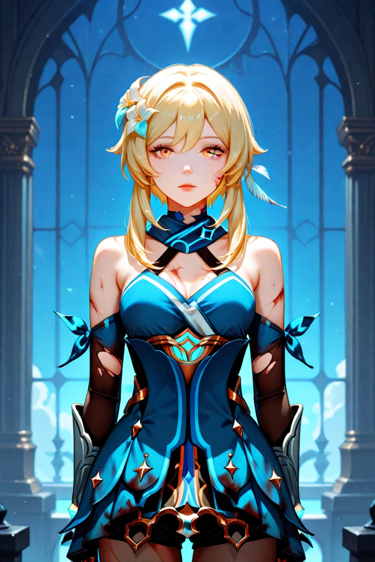 A 20-year-old girl, with wavy hair in a blonde ponytail, her skin is light and her blue diamond-like eyes, she has a calm expression, she is an assistant, she wears a suit with dark-colored flowers, she is pretty but looks innocent and problematic. Digital illustration with anime character. Digital art.