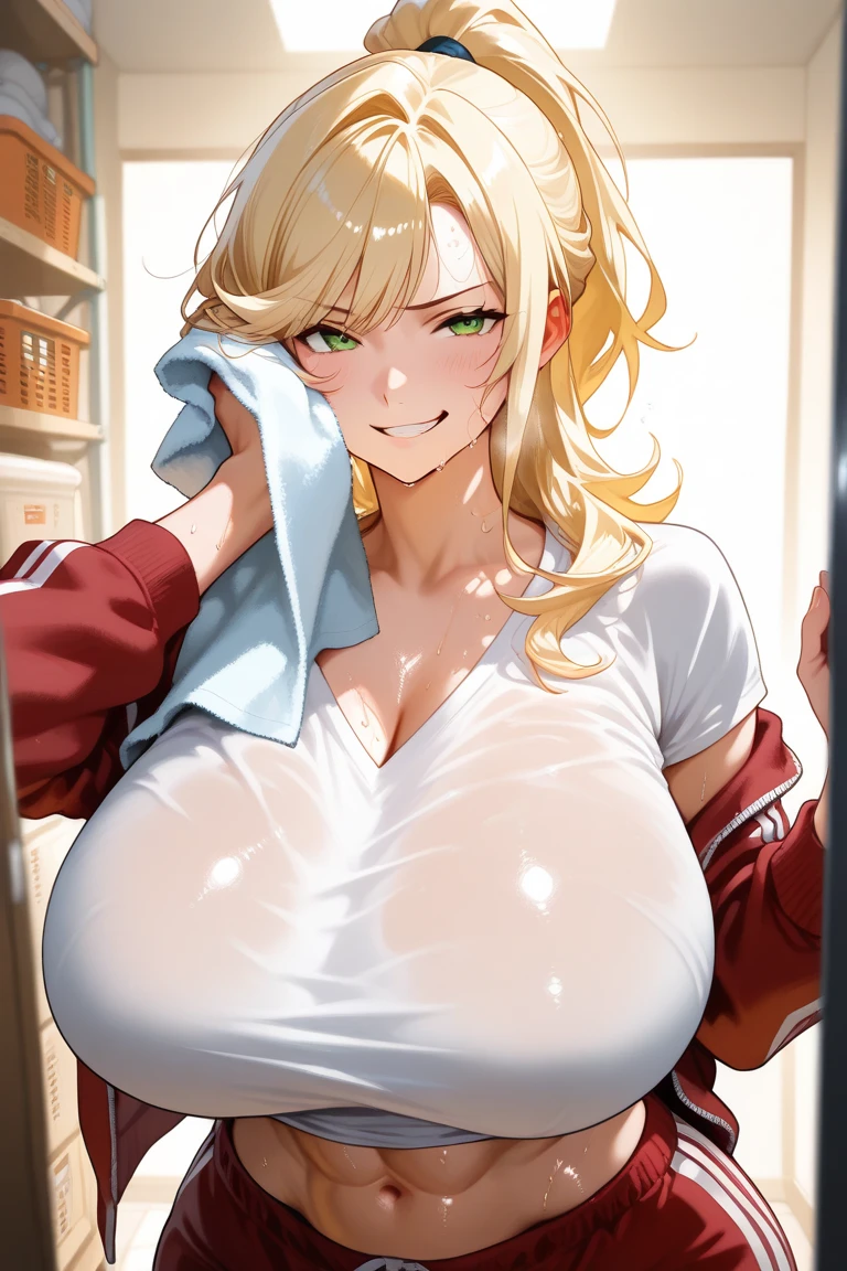 (masterpiece), best quality, (warm color), (warm lighting), expressive eyes, beautiful elegant face, drunk expression, (sports bra), (sports shorts), (transparent clothing), (wet clothing), gigantic round breasts, 1 girl, looking at viewer, in gym, warm skin tone, solo, blushing, sensual pose, nude, hourglass figure, smug expression, cleavage, small perky nipples, muscular shoulders, muscular arms, excessive cum all over body, excessive cum on her breasts, (cum on her face), long thick strands of cum, (fit body:0.58), (defined midriff:0.61), (narrow waist:0.16)