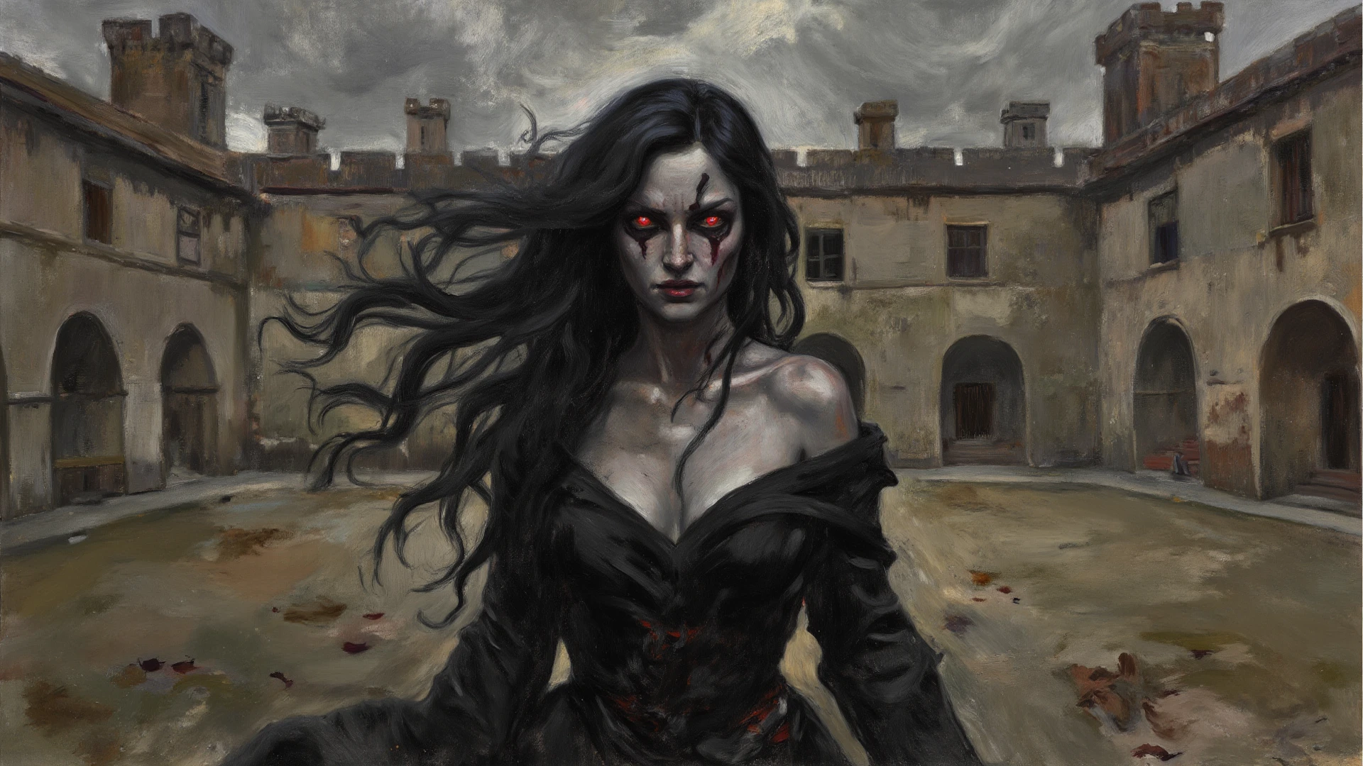 S-curve pose character portrait of a medieval female Han Chinese vampire warlock wearing dark fantasy rags, strange eyes, with tangled mousy hair, predatory look, (crimson and slate color scheme:1.2), paint splatter and drips, textured backdrop <lora:splatter_lora-000005:0.6>