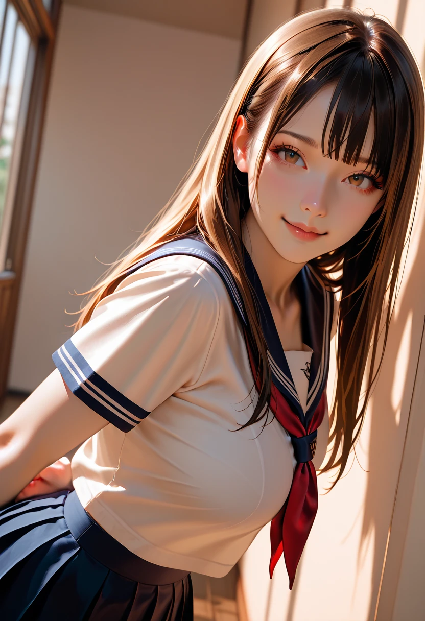 Highly detailed CG Unity 8k wallpaper, Very delicate and beautiful, Shockingly, Finely, official art, absurd, incredibly absurd, Ultra Detailed,The light shines on your face,Looking at the audience, (perfect woman image), Slimウエスト, Full Body Esbian, permanent, ((Sailor Suit, Plaid skirt, Collared shirt, abdomen, Open your clothes, sleeveless tops)), bare arm, Bangs, (best quality, 4K, On the table: 1.3), Beautiful Japanese Araphi woman、15age、Surreal, 1 girl,The face is rich in detail,Lip detail, Beautiful eyes,double eyelids, (Beautiful and delicate lips),Sexy face、Light brown hair、Medium Length Hair、(Seductive figure: 1.2), (Thin waist:1.1)、Flowing hair、((Solitary))、 Half-smile, Color Background, Looking at the audience,big breasts Thin waist,Movie Lighting, ((15ageの女の子, Slim, Thin waist, Thin thighs, Thin arms)), ((Raise your arms, Expose your armpits))
