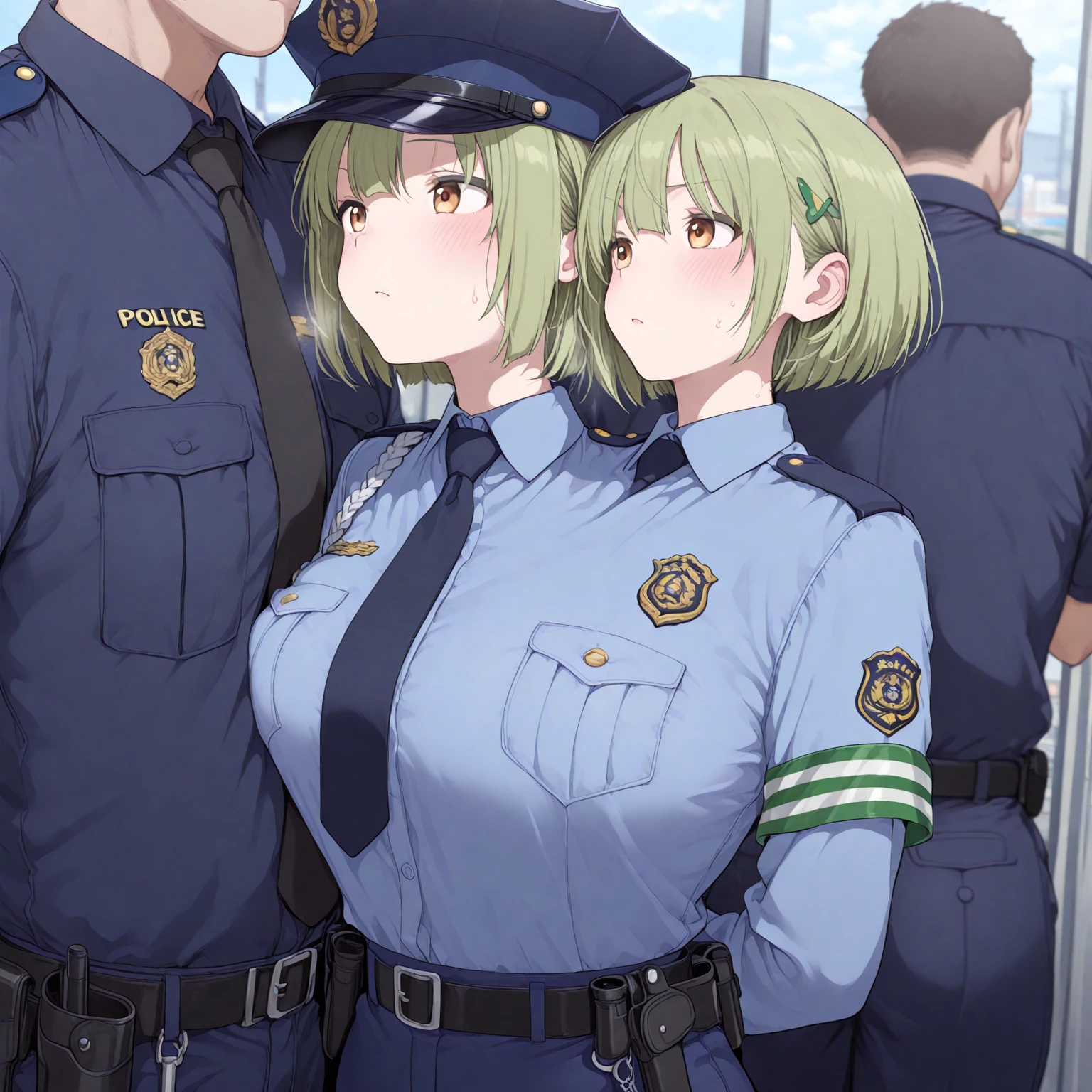 Special Forces Girls,during war,Grinning face,topless,belly button,aircraft carrier,Inward-curling ponytail,hat,Open your mouth,Cover your chest with your hands,Big Breasts,one person