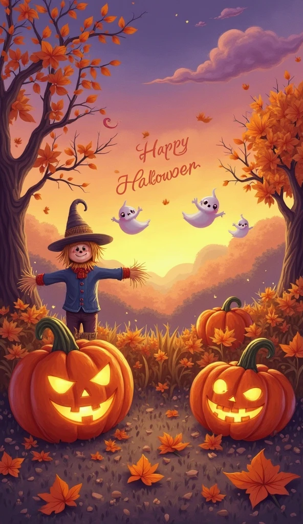 Escena prerrafaelita que representa el mes de ((Octubre)), Parche de calabaza, Decoraciones de Halloween, Autumn foliage, Costume planning, aire fresco, Luna de cosecha. ((Plano amplio)) ((Film style))
