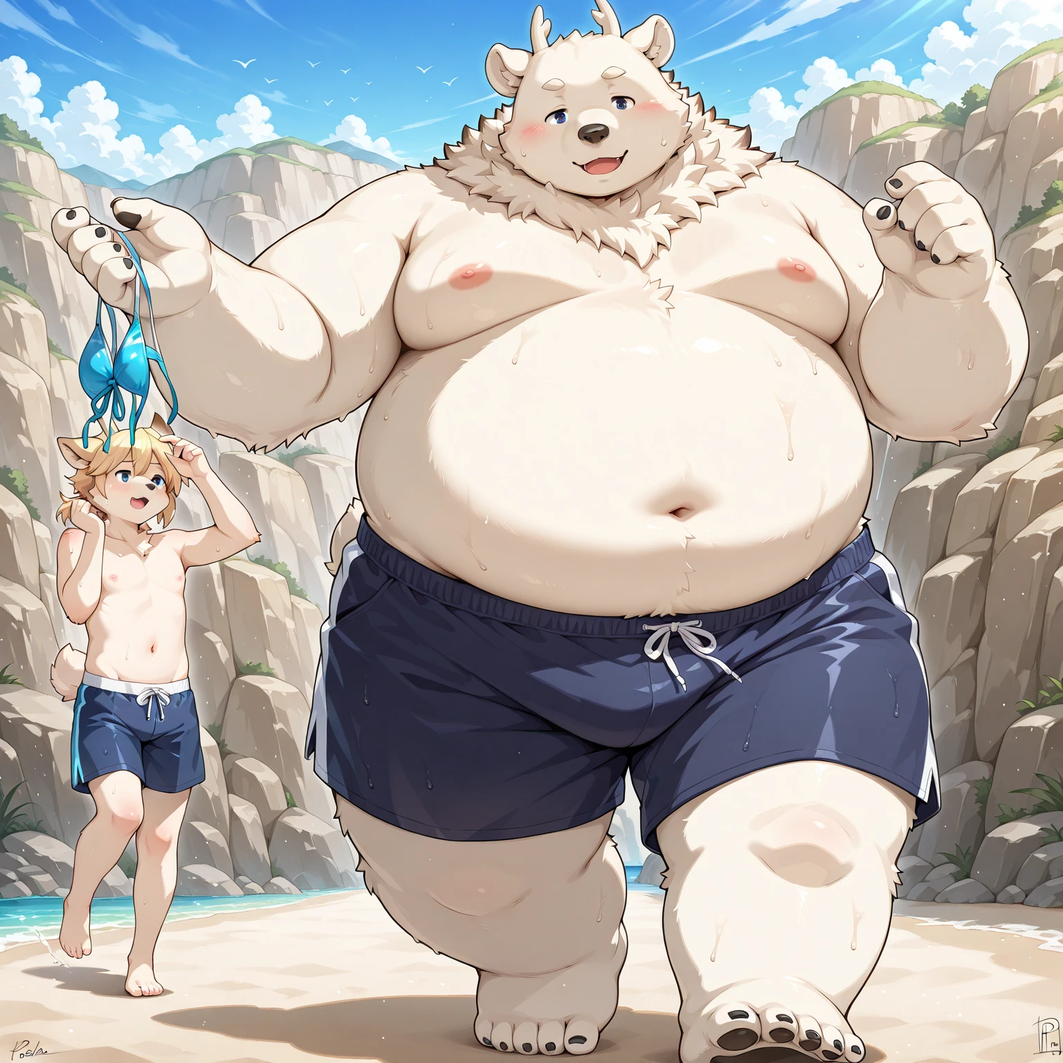 kemono, SFW, masterpiece, high quality, absurd res. soft lighting, solo, (muscular and plump:1). wearing trunks, walking, (background beach), character focus. detailed background, amazing background, outdoors, scene, particles.(extreme detailed illustration),  good anatomy, (detailed RPG CG). <lora:Hisaki+%282%29.safetensors:0.8>