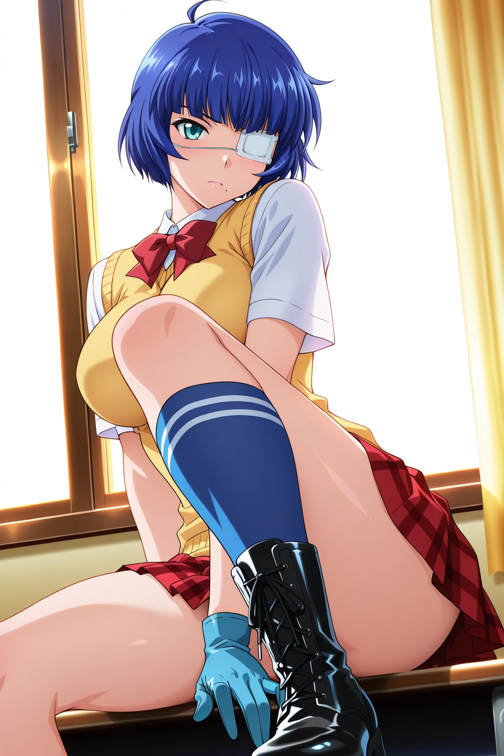 Rei Ayanami (neon genesis evangelion), short sky blue hair, long sleeve white shirt, bloomed shirt, topless, short blue school skirt, raised skirt, pink panties with white stripes, White socks, black shoes, medium breasts, small nippless, beautiful perfect legs, perfect body, perfect arms, pose sexy, classroom half day