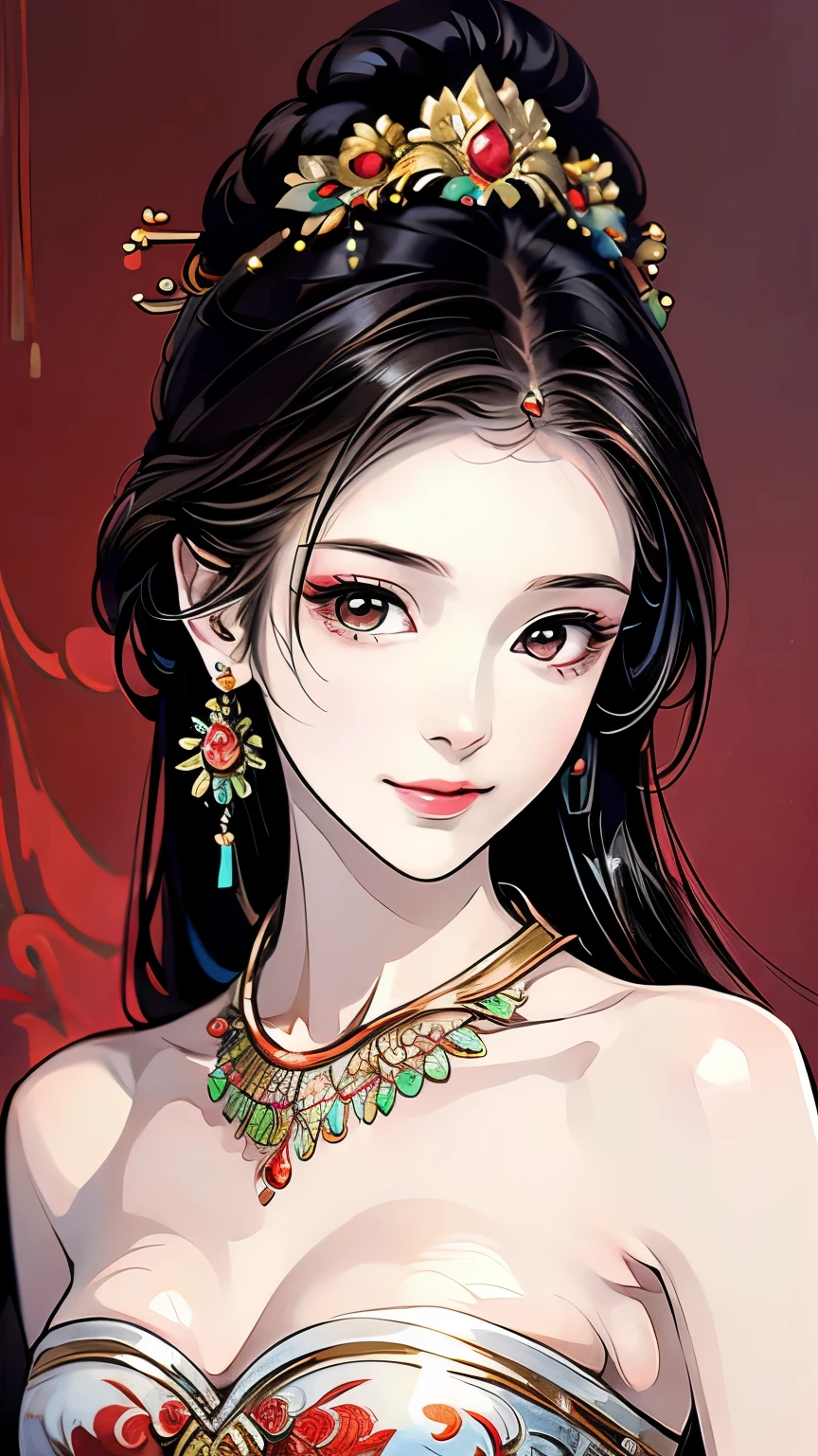 👧💋💋💖😊   in a free painting style full of harmony, perfect face, Smile, Slit Eyes, perfect style,  Well-shaped medium chest, cleavage, earrings, necklace, Beautiful ancient painting symbolizing China, perfect art, Perfect drawing composition,  Slightly open top ,  Upper body portrait, placed in the center of the image area, The background is a brightly colored abstract camellia flower, top quality, high resolution, High Definition, masterpiece, Artistic Illustration, 