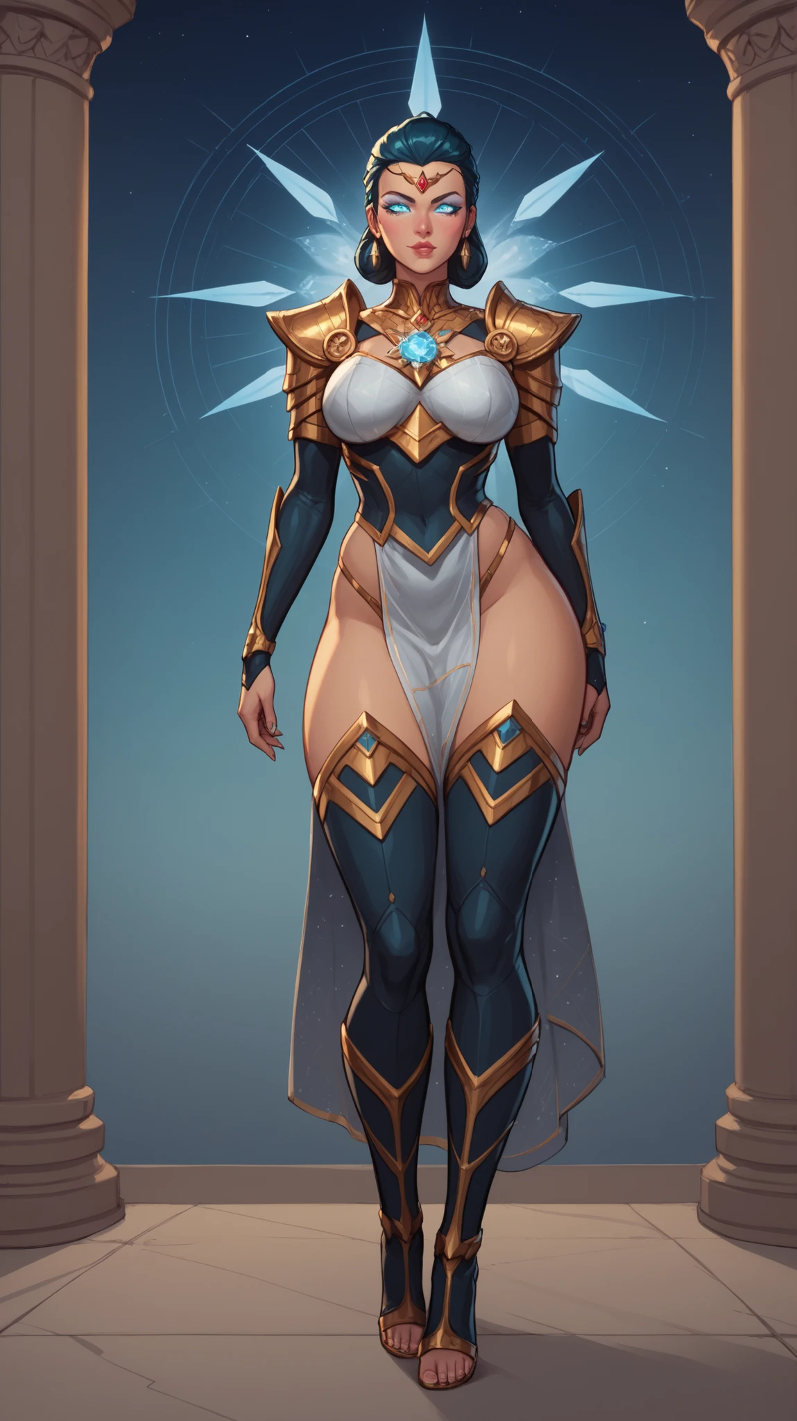 A powerful futuristic goddess-like nanotech armor called "Neomaya", standing 6.7 feet tall in a dramatic 9:16 vertical sci-fi frame. The armor has a sleek, feminine, and curvaceous design with glowing white-gold plating and intricate blue light accents. The figure has three mystical glowing eyes—one on the forehead—and three breastplates forming an elegant, divine chest armor. Her face is calm, wise, and slightly seductive, with celestial markings and metallic features. The armor has subtle floating elements around her shoulders and hips, exuding divine energy. Background is a futuristic temple with glowing ancient circuitry etched into metallic pillars, softly illuminated with bluish-golden ambient light. High detail, cinematic lighting, comic book realism, and ethereal glow effects. Cyber-divine fusion aesthetics.