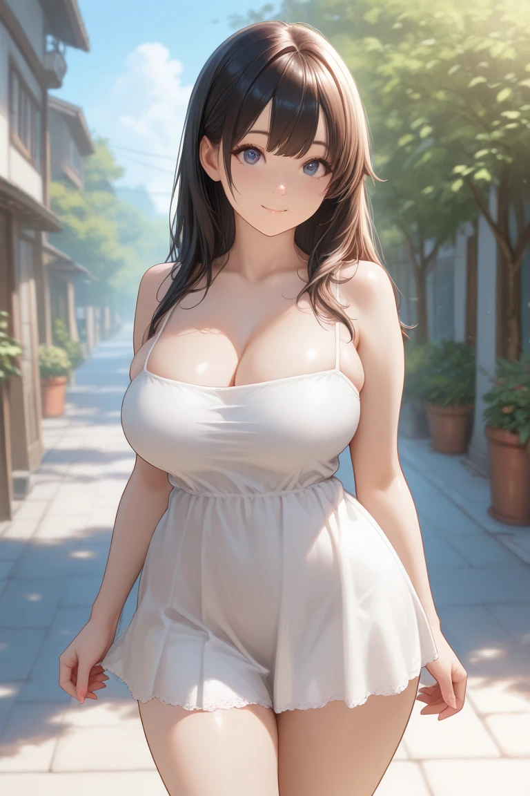 (masterpiece), best quality, expressive eyes, perfect face, mature woman, light summer dress, yellow dress, huge breasts, cleavage, bra, outdoors, sitting on the bench, crossing legs,