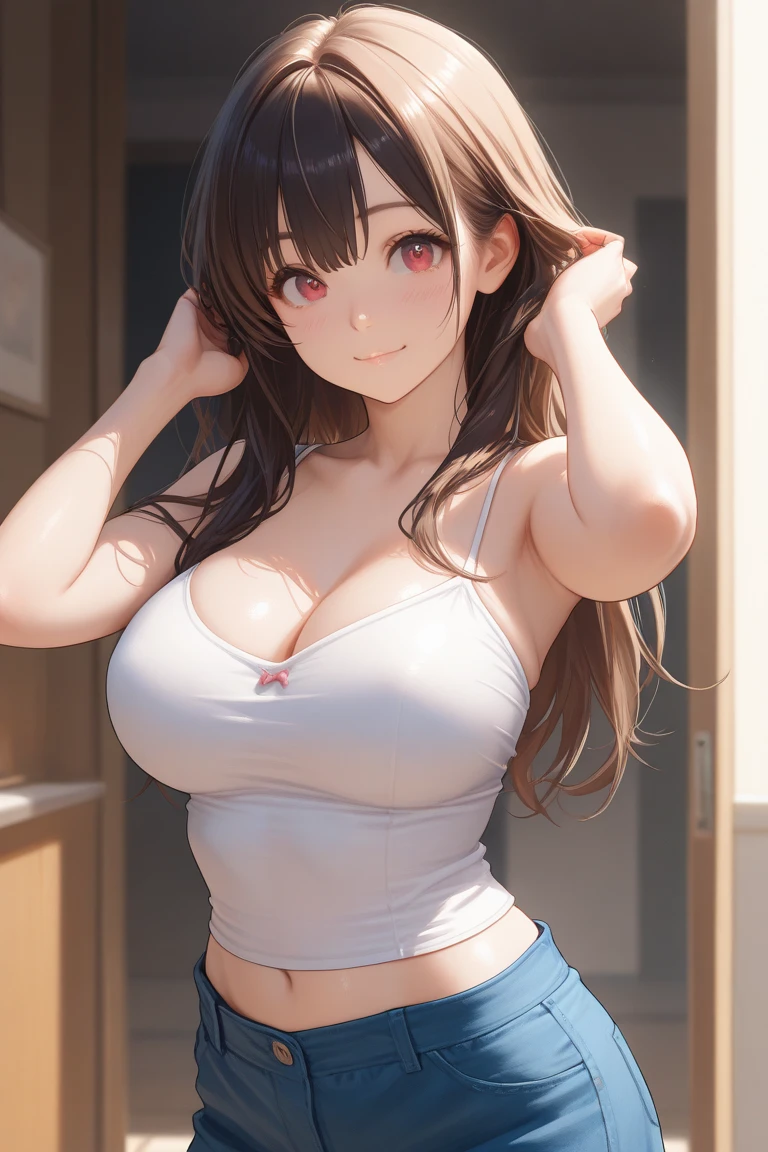 realistic image, coherent image, detailed image, 1 beautiful girl. She has brown hair, with two pigtails and a fox mask in her hair. Pink eyes, long eyelashes. Her face is oval and delicate. Smiling. She is wearing a lace bra, jean shorts. She has a curvy body, medium breasts, thin waist, thick thighs. she pose sexy. White background. uniform background. natural lighting in front, volumetric lighting