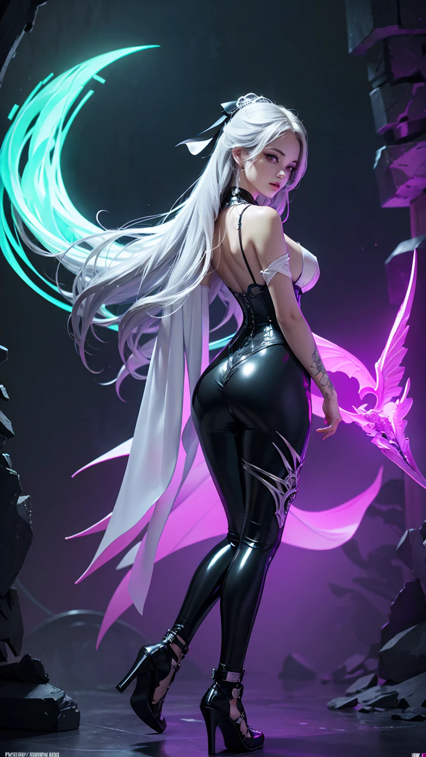 (extremely detailed), high resolution, detailed body skin, contrast, color, shadows, forest background, 1 beautiful woman, long pink hair, medium chest, smile, looking at the viewer, purple eyes, (16k detailed eyes), detailed face, close up, curved, backshot, back shot, yoga pants, sports bra