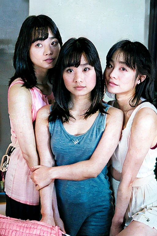 close-up、Identical twin sisters、Imagine yourself taking photos in a photo studio that emphasizes cuteness and mystery..。Shared Secret: One person is holding a finger over their mouth as they look at the camera..「c」Strike a Pose、The other one is posing as if whispering something..、create an atmosphere of sharing a secret just for the two of you。