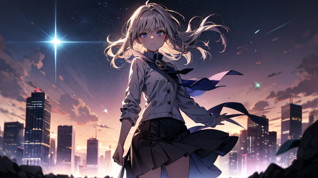 masutepiece, Best Quality,Illustration, Wallpaper, Ultra Detail, absurderes, 1girl in、 (Medium short hair、short braided hair), Beautiful ultra-detailed eyes , Hair fluttering in the wind、Smaller head、Beautiful night sky、(a panoramic view:1.5)