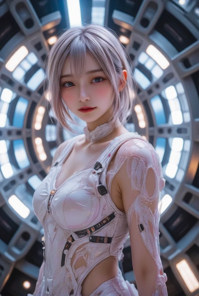 (8K, Raw foto, Best Quality, mastery:1.2), (realisitic, Realistis:1.37),(kpop-idol), (aegyo sal:1),Cute,Professional Lighting, photons mapping, radiosity, physics based rendering , , lucy \(The cyberpunk\), bob cuts, mechanical parts, Grey eyes, short soft pink hair, wearing white nurse cap and white Tight Suit with purple blue gradient essence, cyberpunk city, white pants, natta, neon lit, Sexy, smoke, looking up at viewer,, 8K High Resolution, 8K, CG wallpapers, realitic, clear background, Medium Tits, Body