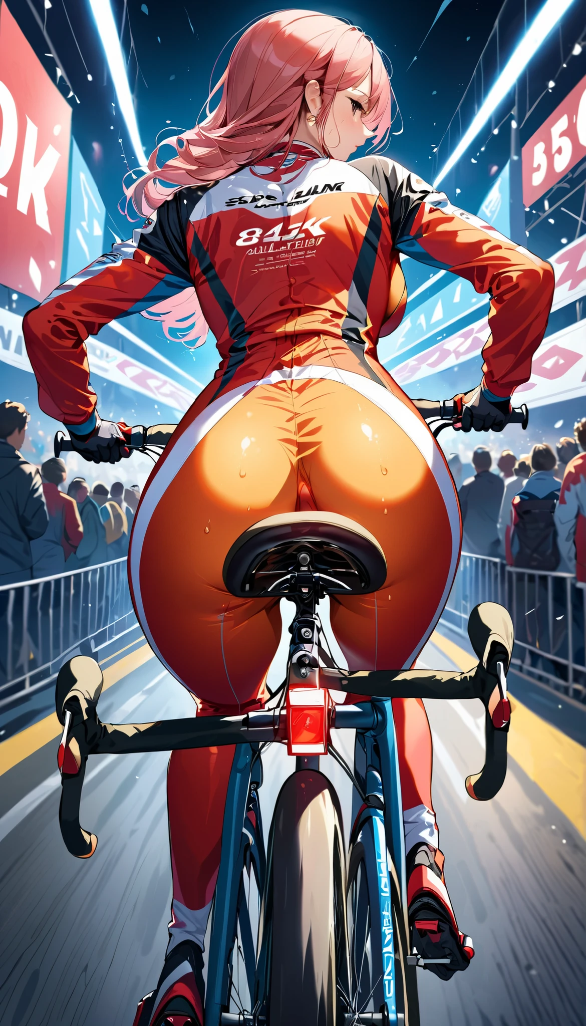 (masterpiece:1.2),(Highest quality),(Super detailed:1.2),(High resolution),(Highest quality),(An illustration),8k,Cinema Lighting,(Written boundary depth),(Sophisticated lighting:1.2),Rear view of a woman riding a bicycle,(Racing Suits),(Racing Gloves),((Looking Back)),((Butt)),(Sweat),(Hand,detailed,perfect,perfection,Hands),(riding bicycle)