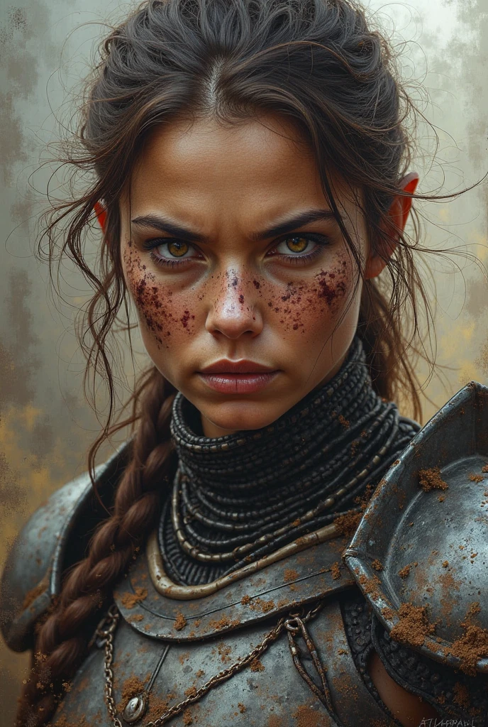 Quality (photo realistic style, uhd, 16K, Textured skin, superdetail, hight resolution), handsome girl, The perfect female face, Detailed eyes, mohawk, (blood on the face: 1.2), apocalyptic world in the background