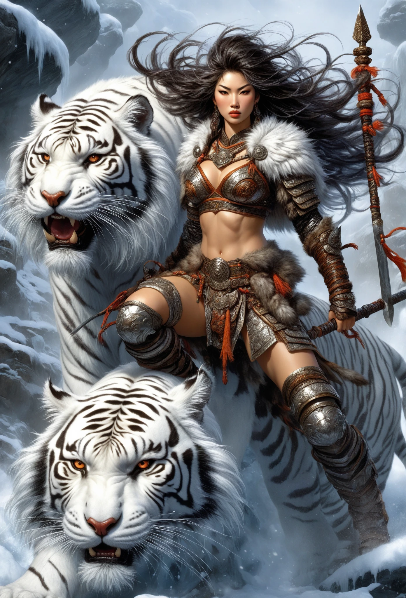 Wearing warm winter clothing made of thick fur, Cleverly combines traditional Chinese design patterns with contemporary elements ,messy hair, Fierce expression,Energetic, Sharp eyes,The legendary god with a spear,arafed image of a woman riding a white tiger, amano and karol bak, Carol Buck Wood, Female Warrior, 一位美丽的Female Warrior, Tyler Edlin Fantasy Art, barbarian Female Warrior, tiger_beast, Epic Fantasy Character Art, wearing intricate fur armor, style of luis royo, 北方Female Warrior, Surreal Luis Royo, author:Mark Brooks