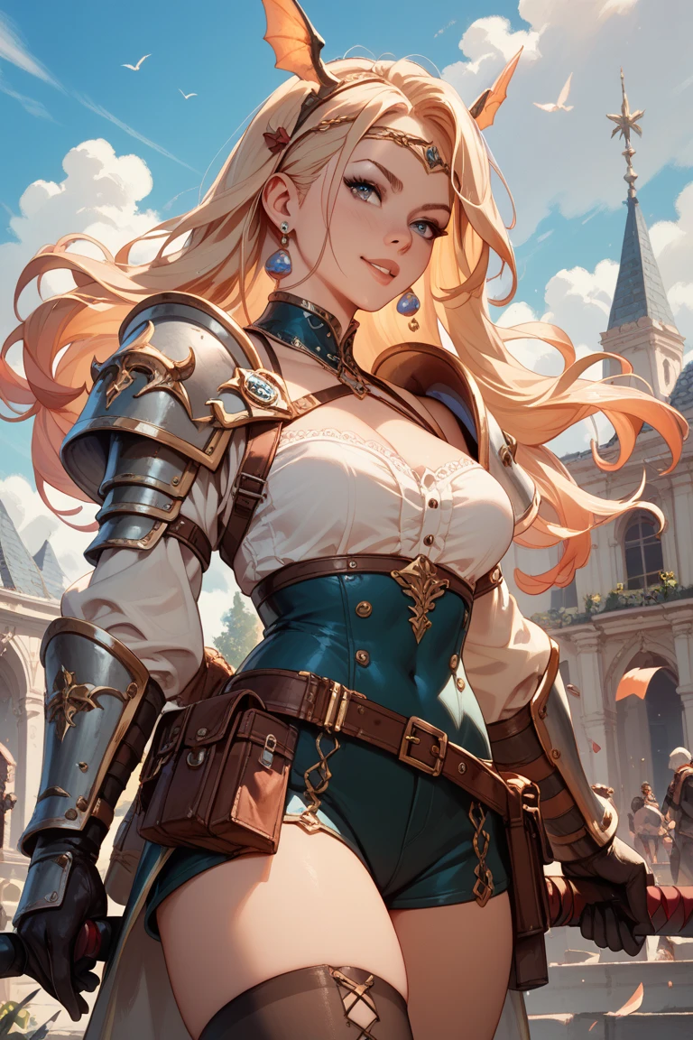 (8k, raw photo, Best Quality, maestro:1.2), (anime photo-anime:1.37), ultra detailed, 1 girl, Beautiful, Alone, Gorgeous detailed blue sky with fluffy clouds, (blush), (whole body: 1.1), (smile: 1.1), (shut up), big breasts, Beautiful and delicate blue eyes, (Tight blue heavy armor with intricate engravings of leaves and flowers : 1.1), Golden metal pieces covering her shoulders and arms, Dark brown leather belt with metal buckles, tight leather pants, Brown leather boots, A cross adorns her chest, (long blonde hair: 1.2), flowing hair, high contrast, Proporciones de whole body, (astride, stretch the legs, thin legs), Chest closeup, full color