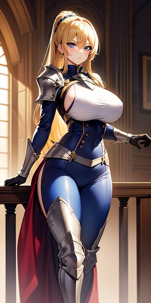 Elf, blonde long hair, large breasts, breastplate, skirt, cleavage, thighs, (close shot)