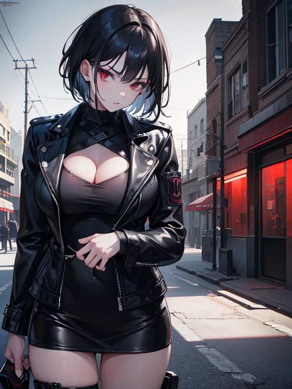 a woman standing outside wearing street clothes, punk style outfit, seductive anime girl, violet eyes, dark purple eyes, beautiful punk anime girl, detailed digital anime art, anime goth girl, extremely detailed eyes, black hair, goth anime girl with black hair, black hair with red highlights, dark red highlights in hair, cleavage, stomach, beautiful anime girl, beautiful alluring anime woman, extremely detailed artgerm, 8k, guweiz, detailed hands, medium length hair with red highlights, hair tied up, detailed face, two arms