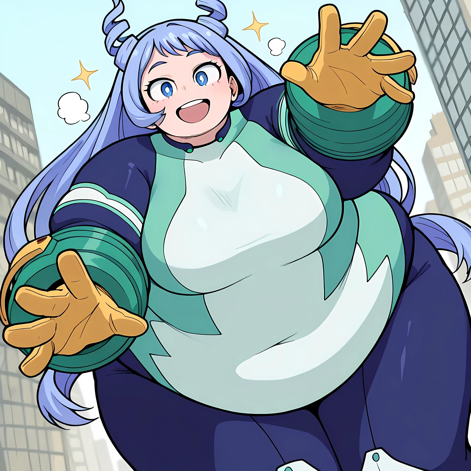 high resolution picture, masterpiece, best quality, amazing quality, official art, hado_nejire from My Hero Academia , 1girl,nejire hadou, blue eyes, blue hair, long hair, medium breasts (flat colors, pastel colors) detailed hands, visible fingers, anatomically correct hands, beautiful hands, , delicate fingers, five fingers, smile, blue bodysuit, bodysuit, drill hair, gloves, green bodysuit, multicolored bodysuit, multicolored clothes, yellow gloves, horns, outdoors, cityscape, bent over, looking at viewer, dutch angle, cowboy shot, flying fat, chubby, obese, gigantic arms and legs, large breasts open mouth, out of breath, from below, sparkle,