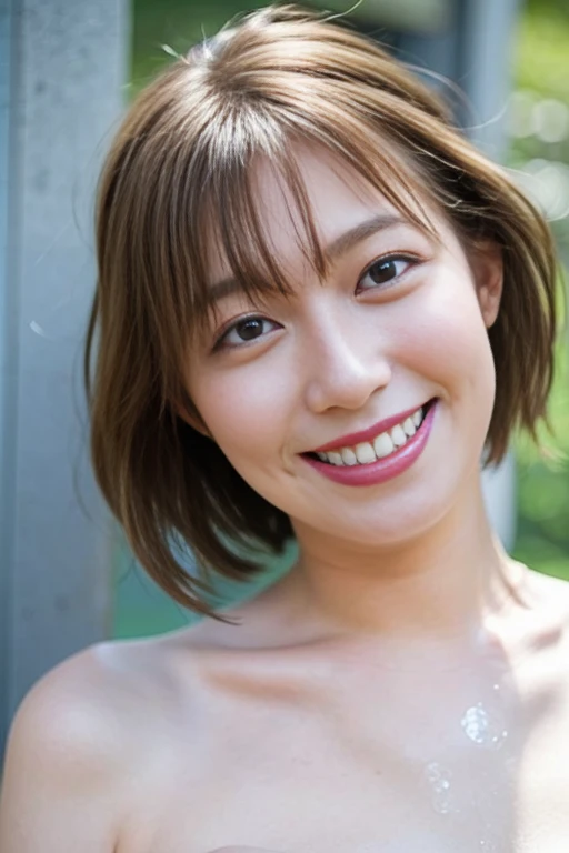 NSFW:1.5,((highest quality、8K resolution、master masterpiece、portrait:1.3)), Photoreal, 35mm film, 1 Japanese female, Upper body,Beautiful woman, on the street during the day, wrinkles around the eyes, plump body,smile,boyish_short hair、((blue micro bikini:1.3)) , (outdoors:city street 1.3), jumbled background,look at the audience,Tokyo cityscape:1.3、open your mouth