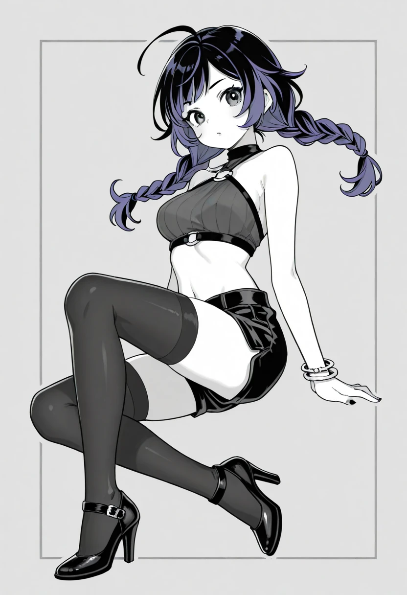 Sexy preppy girl in tank top and patterned pantyhose, (ControlNet 1 as sheer pantyhose texture, pantyhose pattern), (((louis vuitton pattern pantyhose))), long wavy dark hair with bangs, she looks at the camera seductively, high gloss black pantyhose (louis vuitton)