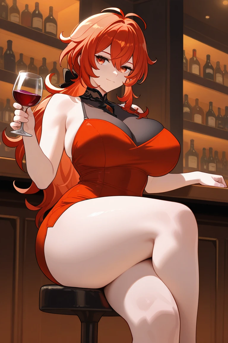 (masterpiece, best quality, ultra-detailed, high resolution, detailed eyes), takeda hiromitsu style, {{1woman}}, (30 years old), (red gorgeous dress, long skirt), nightclub, earrings, curvy body, large breast, long red hair, curly hair, tall, big eyes, sitting on sofa, from side, cowboy shot