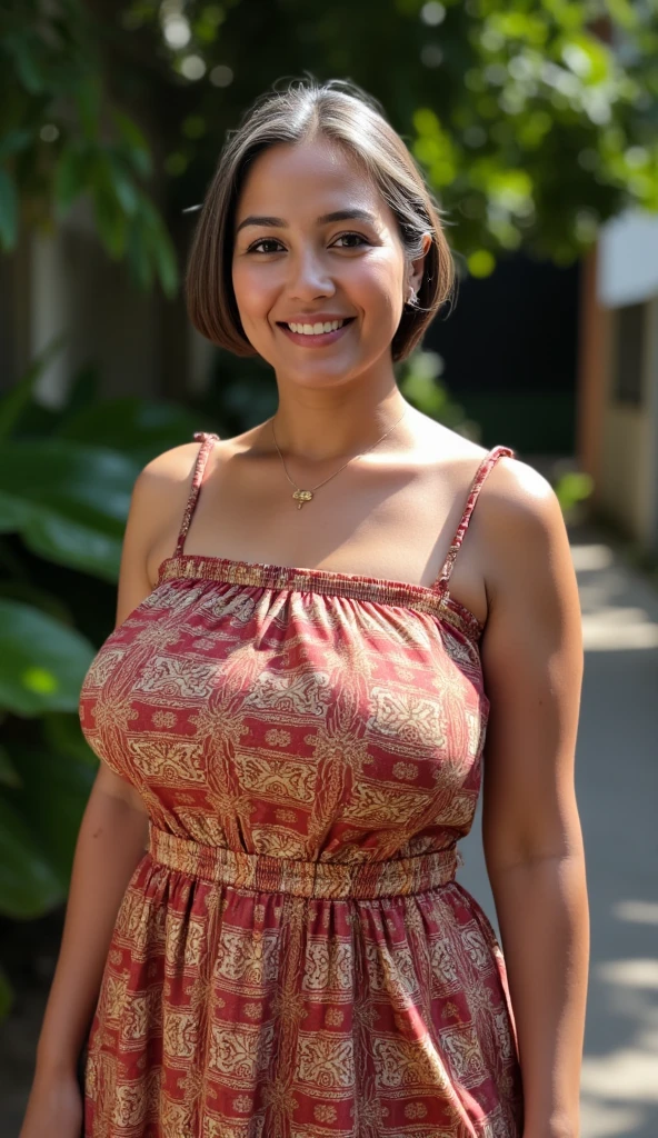 photo of a beautiful realistic woman, 8k, 60 years old, with full breasts, wearing a satin dress drinking a coffee