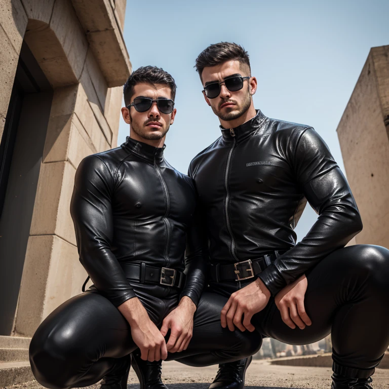 Full size, full body, group of different hunks in skinny shiny black rubber shirt with chav haircut and black shiny puffer jacket, cuffed skinny pants, white Nike sneaker, standing beside bmw car