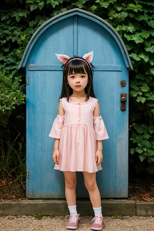 strawberry　pink　cute　girl　whole body　Wearing a rabbit hat, Long sleeve white dress, And heeled shoes. Her black bangs peeked out from under her hat、Each eye has three eyelashes。. Shine; Sparkling　strawberryの花　Overall composition　Crouching　Going out　carrying a shoulder bag on one&#39;s shoulder　Date