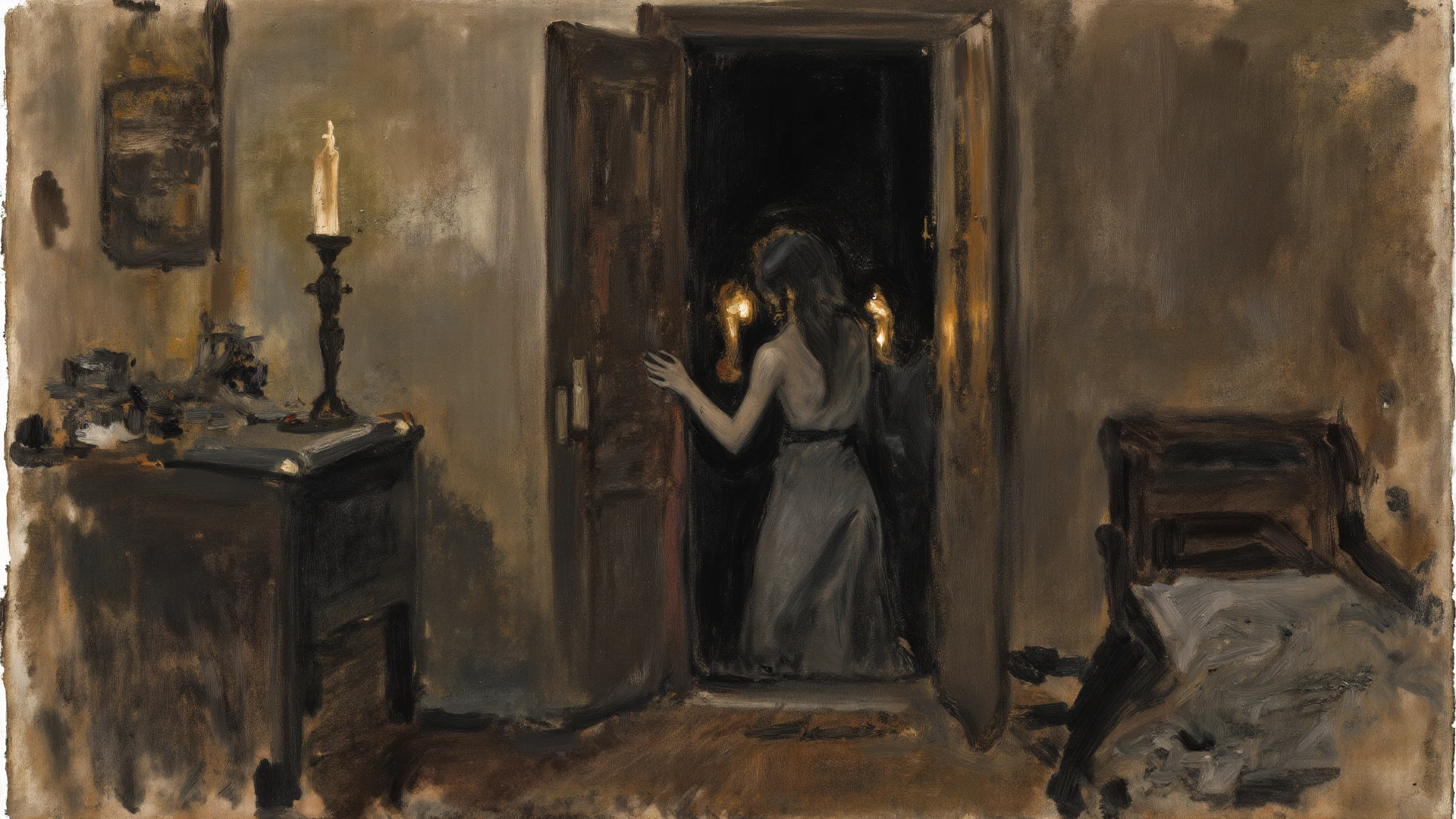 A painting of a Black woman in a dark, moody room with deep green walls, standing confidently with her eyes closed, wearing a dark teal dress. Her posture is relaxed yet strong, as she holds a cigarette in one hand, with smoke gently rising. The painting features bold, expressive brushstrokes that convey a "heta-uma" (naïve but skillful) style, blending rough, almost unfinished textures with a masterful sense of composition. The dark tones of the room are punctuated by a warm, glowing lamp on a wooden table, alongside an antique clock, which adds a vintage, intimate atmosphere. The woman's rich, dark skin contrasts beautifully against the green background, making her presence both powerful and serene within the composition.
