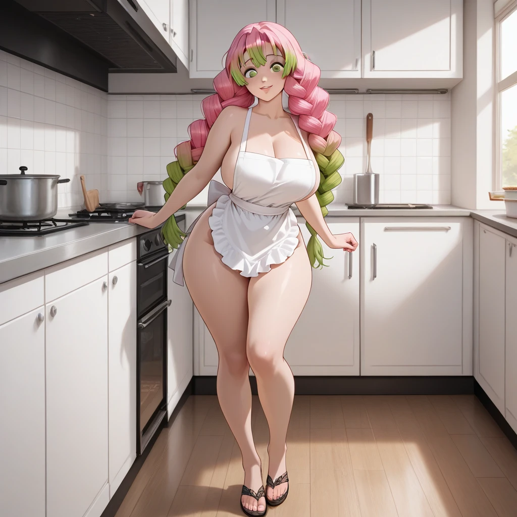 ((1 girls), solo, clevage, Big round breasts, trendy, stylish, clevage, thighs, hips, realistic, pink hair, blonde hair, light green eyes, lip gloss, detailed face, amazing big eyes, eye details, big lips, eyebrow details, blush, smirk, naughty, mischevious face, HD, good quality, thick thighs, attractive, kitchen, breakfast