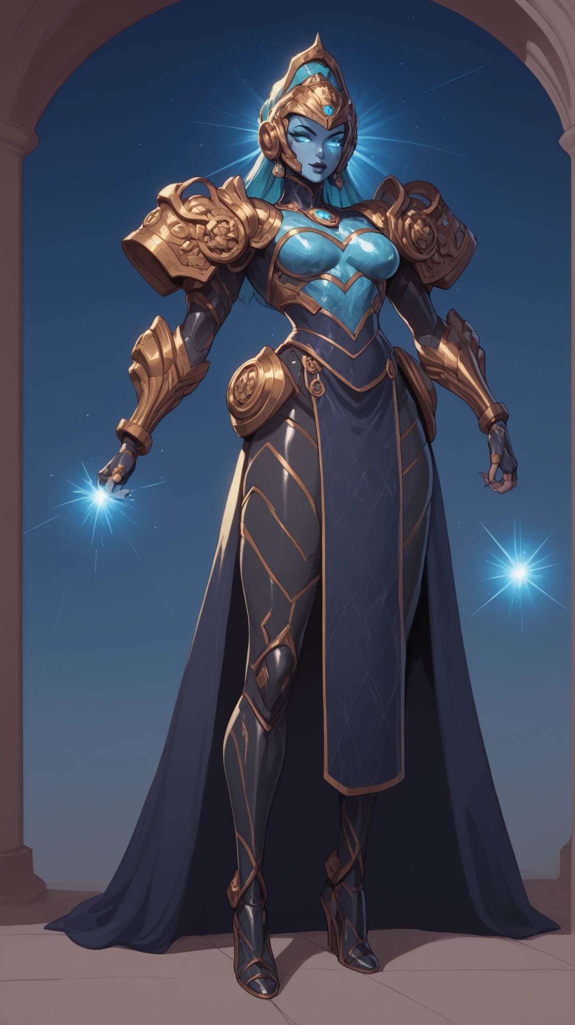 A powerful futuristic goddess-like nanotech armor called "Neomaya", standing 6.7 feet tall in a dramatic 9:16 vertical sci-fi frame. The armor has a sleek, feminine, and curvaceous design with glowing white-gold plating and intricate blue light accents. The figure has three mystical glowing eyes—one on the forehead—and triple breasts forming an chest armor. Her blue face helmet is calm, wise, and slightly seductive, with celestial markings and metallic features. The armor has subtle floating elements around her shoulders and hips, exuding divine energy. Background is a futuristic temple with glowing ancient circuitry etched into metallic pillars, softly illuminated with bluish-golden ambient light. High detail, cinematic lighting, comic book realism, and ethereal glow effects. Cyber-divine fusion aesthetics.