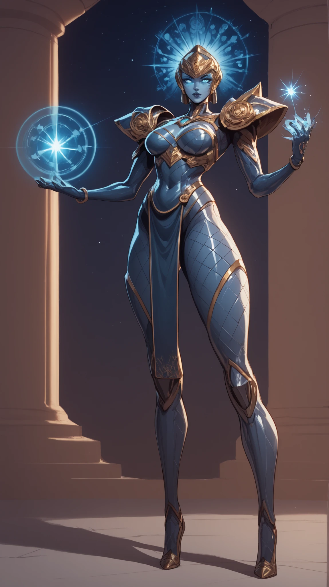 A powerful futuristic goddess-like nanotech armor called "Neomaya", standing 6.7 feet tall in a dramatic 9:16 vertical sci-fi frame. The armor has a sleek, feminine, and curvaceous design with glowing white-gold plating and intricate blue light accents. The figure has three mystical glowing eyes—one on the forehead—and triple breasts forming an chest armor. Her blue face helmet is calm, wise, and slightly seductive, with celestial markings and metallic features. The armor has subtle floating elements around her shoulders and hips, exuding divine energy. Background is a futuristic temple with glowing ancient circuitry etched into metallic pillars, softly illuminated with bluish-golden ambient light. High detail, cinematic lighting, comic book realism, and ethereal glow effects. Cyber-divine fusion aesthetics.