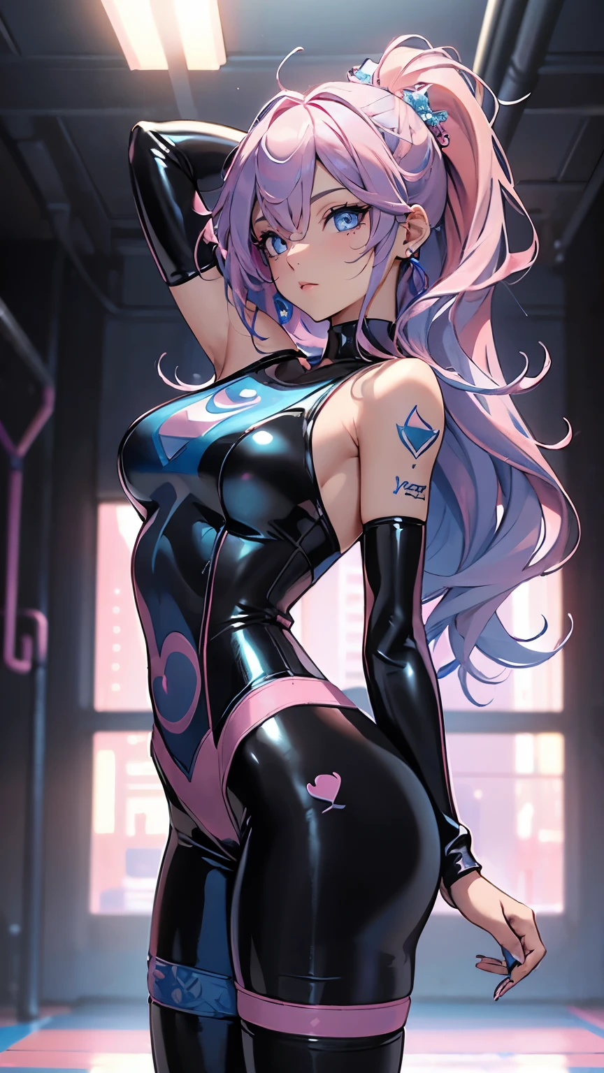 Best Quality，tmasterpiece，ultimate resolution，suave，extremely colorful，Color，mermaid princess，(Latex bodysuit:1.4)，Black stockings，Starrysky Android!,More detailed 8K.unreal engine:1.4,UHD,La Best Quality:1.4, photorealistic:1.4, skin texture:1.4, Masterpiece:1.8,first work, Best Quality,object object], (detailed face features:1.3),(inside a blue gym:1.4),(long pink hair:1.4),（Beautiful and detailed eye description）,(hands:1.4), (sportswear:1.4)
