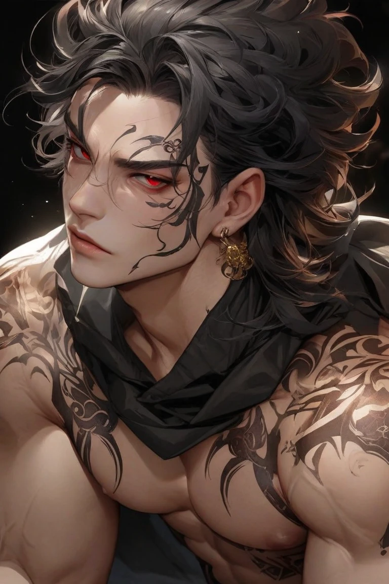 1boy, black hair, cat boy, dark skin, facial hair, facial mark, hair between eyes,lips, looking at viewer, male focus, neck tattoo, parted lips, red eyes, red hair, short hair, simple background, slit pupils, solo,