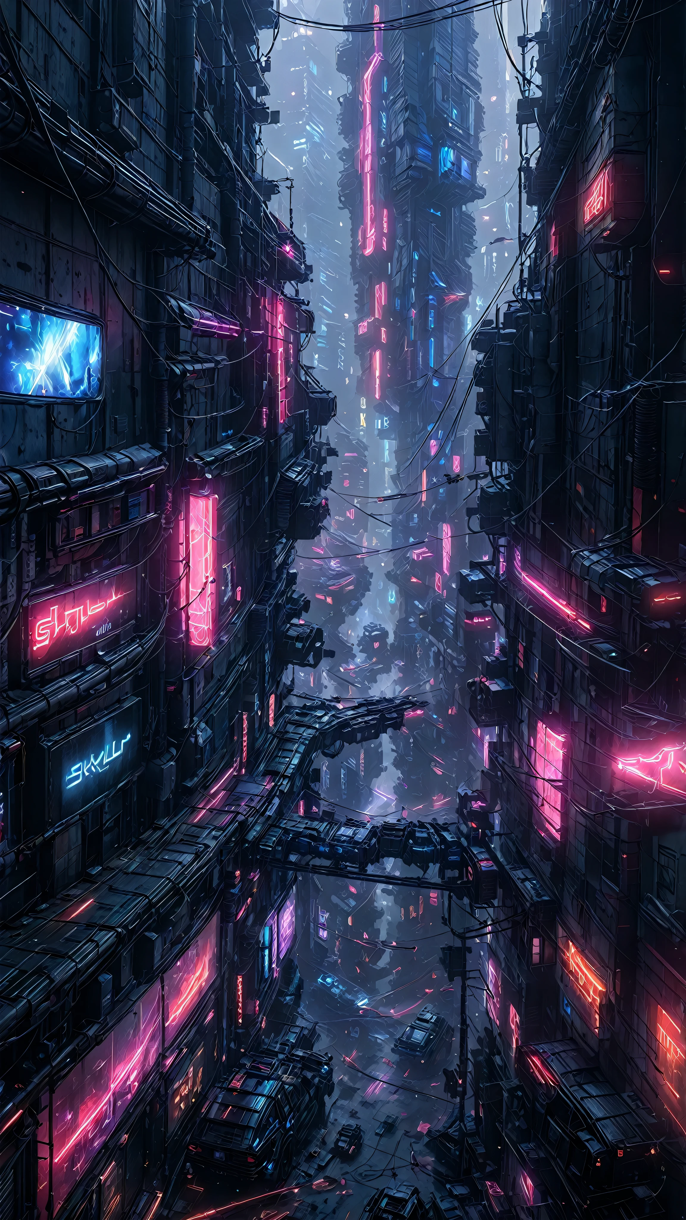 cityscape,city skyline,skyscraper,CyberCity,Narrow Streets,Streets of the future,An aerial track in the distance,Cyberpunk Style。, and there is a laser wall at the entrance of the store on the street。high quality,high detail,movie texture。