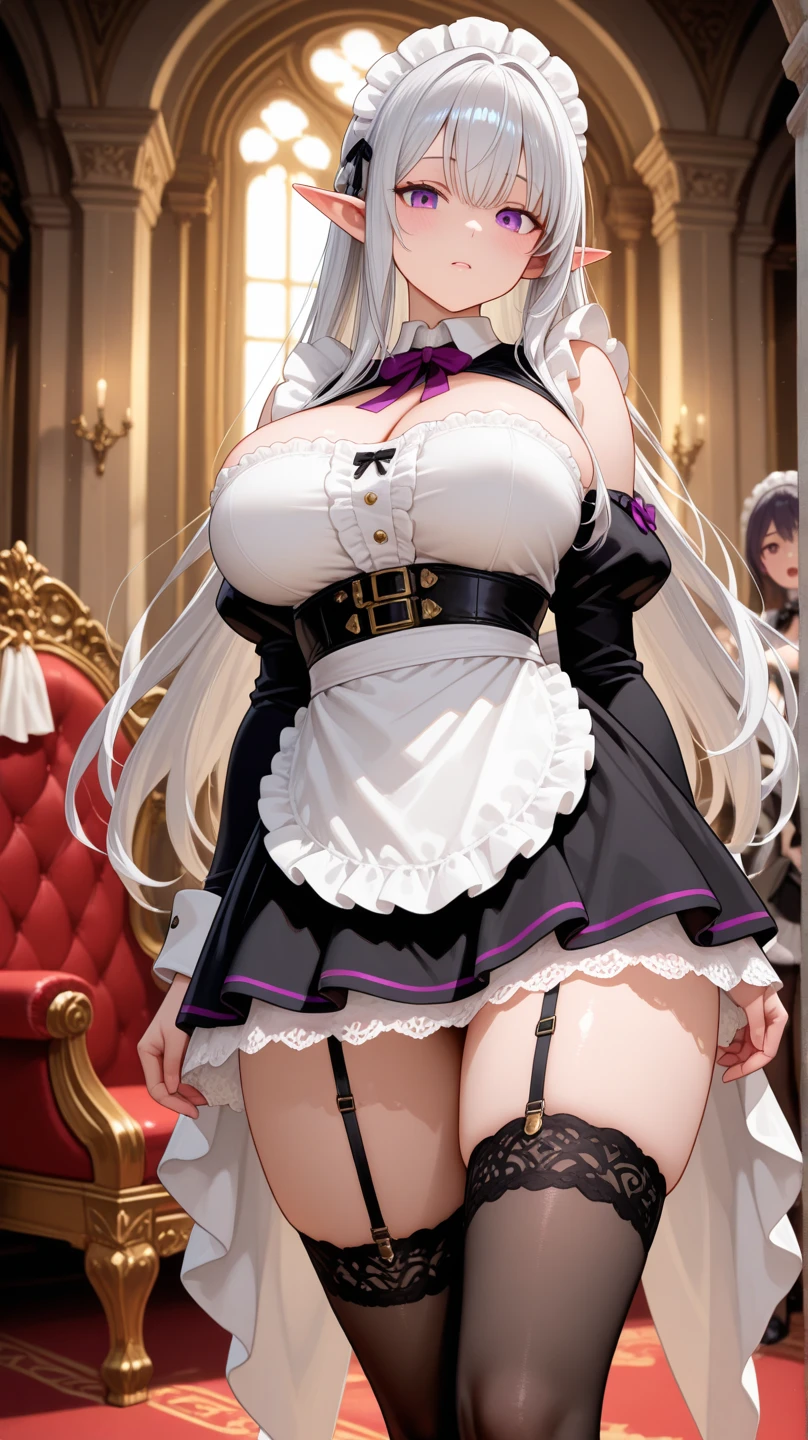 Sexy maid woman, maid, maid uniform, apron, beautiful eyes, (long straight silver hair), red eyes blush on make up, erotic expression, long eyelashes, big breasts, blushing, smiling, (high quality), (best quality), (full body camera shot), sexy lips, cleavage, big hips, sexy thigh, castle background, garter belts, stockings, high heels shoes, high resolution