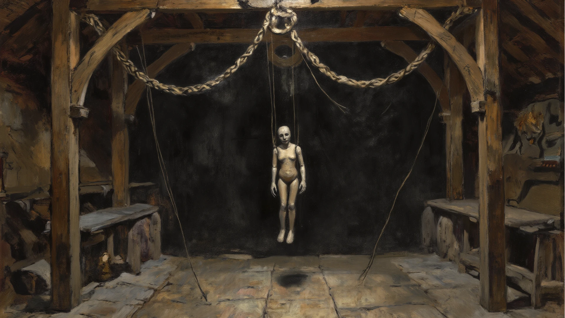 Best quality, masterpiece, ultra high resolution (photorealistic: 1.4), raw photo, Horror Movie, Full Body, (Very Evil and Beautiful) swing chair Made from a human face, slight smile , Light and Sadow in Movie event horizon, Dead smiles, sea ​​of ​​blood