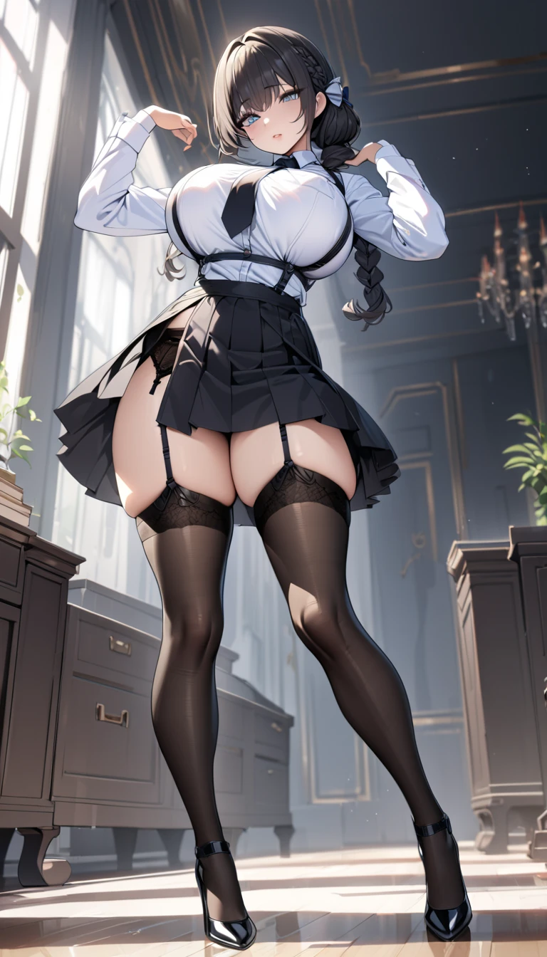 The body is slim、Masterpiece、Highest quality、Highest quality, (after that, shoes:1.2), Arm behind wrist, Standing posture、Long legs、1 girl, Ahegao, Cute eyes, black eye, Open your mouth, Drooping, The whole face turns red, alone, Crotchless panties, Big and ample breasts, (Straight bangs, Twin tails), White maid outfit、Side bust、Underbust、belly button、Walking through the mansion'corridor