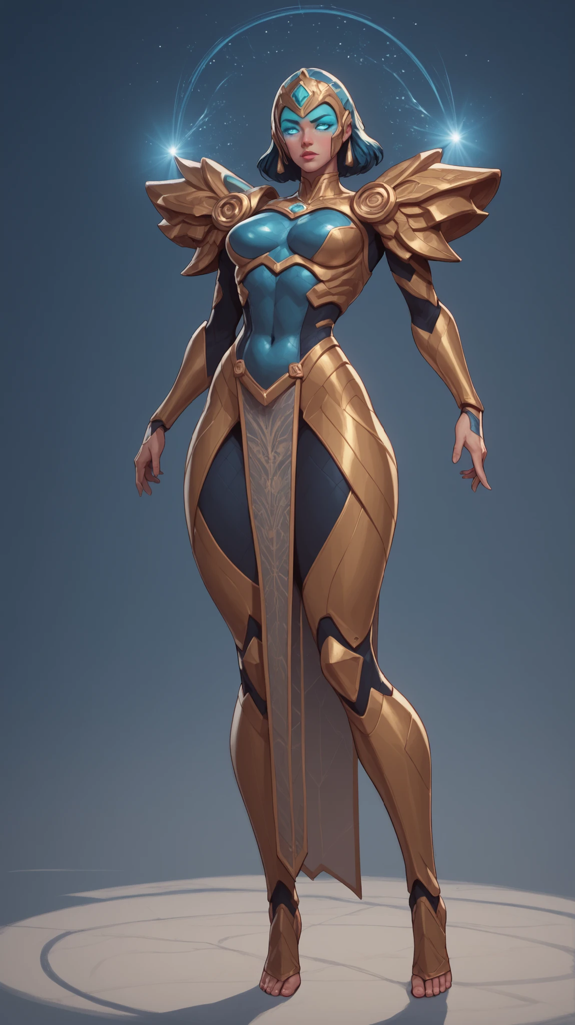 A powerful futuristic goddess-like nanotech armor called "Neomaya", standing 6.7 feet tall in a dramatic 9:16 vertical sci-fi frame. The armor has a sleek, feminine, and curvaceous design with glowing white-gold plating and intricate blue light accents. The figure has three mystical glowing eyes—one on the forehead—and triple breasts forming an chest armor. Her blue face helmet is calm, wise, and slightly seductive, with celestial markings and metallic features. The armor has subtle floating elements around her shoulders and hips, exuding divine energy. Background is a futuristic temple with glowing ancient circuitry etched into metallic pillars, softly illuminated with bluish-golden ambient light. High detail, cinematic lighting, comic book realism, and ethereal glow effects. Cyber-divine fusion aesthetics.