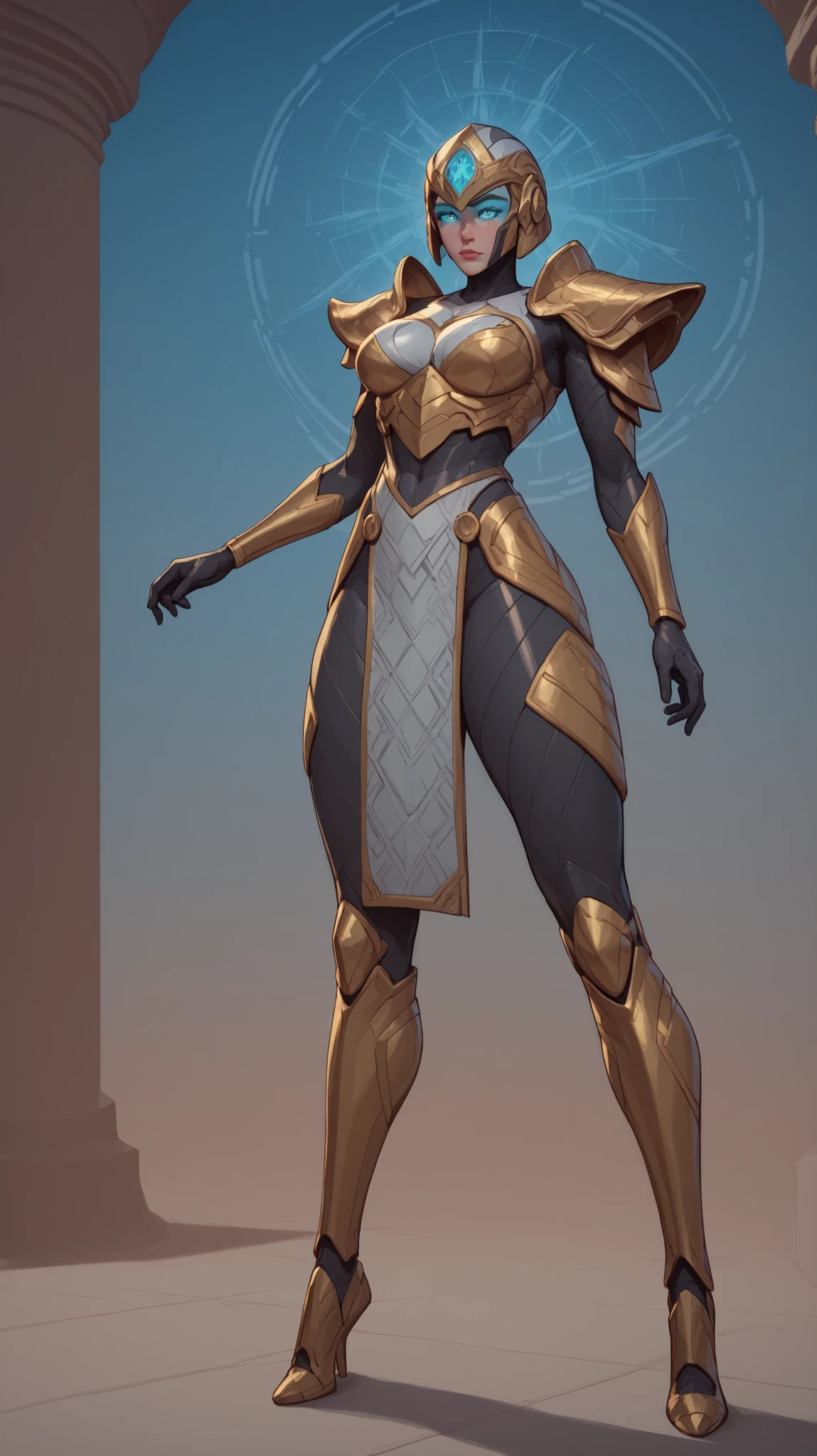 A powerful futuristic goddess-like nanotech armor called "Neomaya", standing 6.7 feet tall in a dramatic 9:16 vertical sci-fi frame. The armor has a sleek, feminine, and curvaceous design with glowing white-gold plating and intricate blue light accents. The figure has three mystical glowing eyes—one on the forehead—and triple breasts forming an chest armor. Her blue face helmet is calm, wise, and slightly seductive, with celestial markings and metallic features. The armor has subtle floating elements around her shoulders and hips, exuding divine energy. Background is a futuristic temple with glowing ancient circuitry etched into metallic pillars, softly illuminated with bluish-golden ambient light. High detail, cinematic lighting, comic book realism, and ethereal glow effects. Cyber-divine fusion aesthetics.