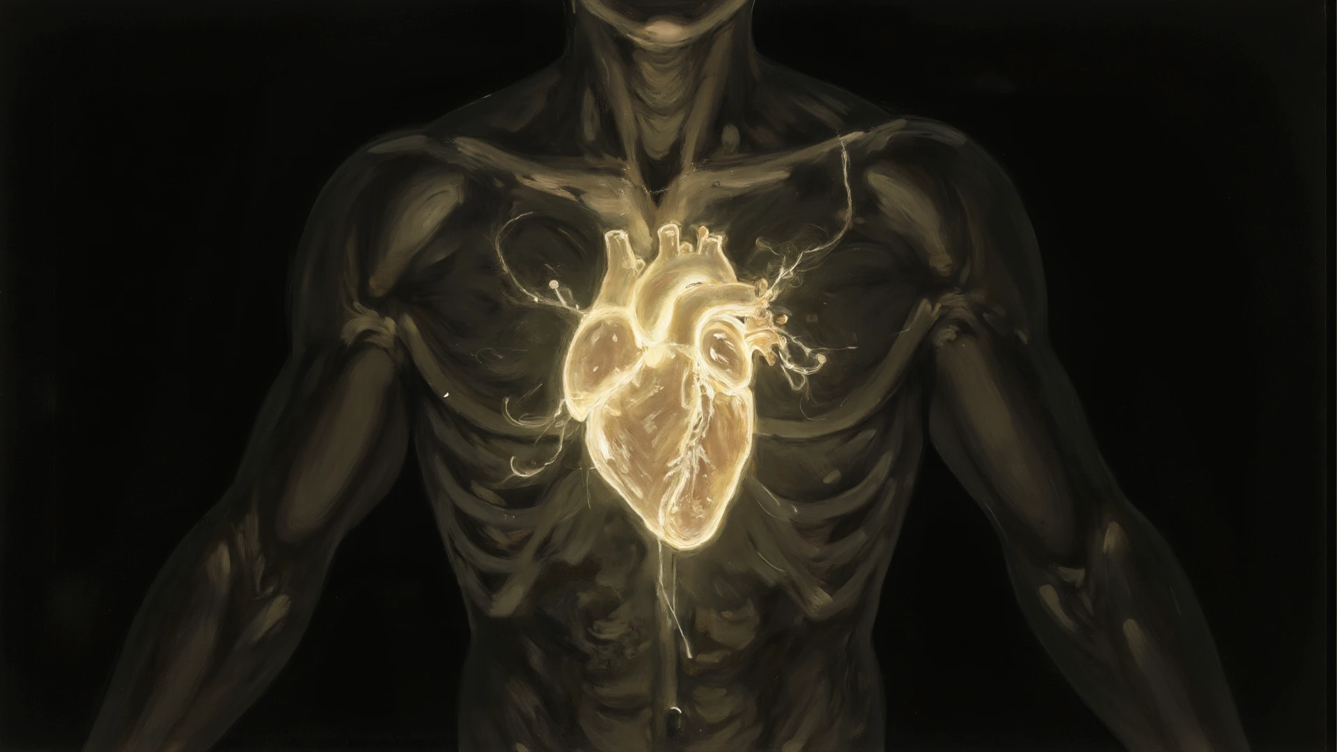 Torso of a man with a door that opens to the heart that is divided into two, one deteriorated side and the other illuminated side