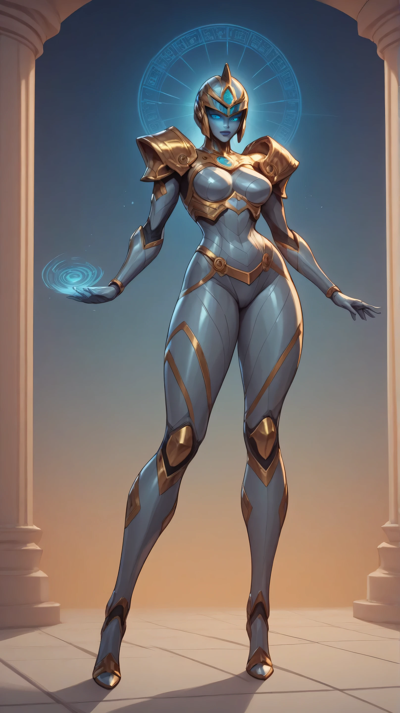 A powerful futuristic goddess-like nanotech armor called "Neomaya", standing 6.7 feet tall in a dramatic 9:16 vertical sci-fi frame. The armor has a sleek, feminine, and curvaceous design with glowing white-gold plating and intricate blue light accents. The figure has three mystical glowing eyes—one on the forehead—and triple breasts forming an chest armor. Her fully covered blue face helmet is calm, wise, and slightly seductive, with celestial markings and metallic features. The armor has subtle floating elements around her shoulders and hips, exuding divine energy. Background is a futuristic temple with glowing ancient circuitry etched into metallic pillars, softly illuminated with bluish-golden ambient light. High detail, cinematic lighting, comic book realism, and ethereal glow effects. Cyber-divine fusion aesthetics.
